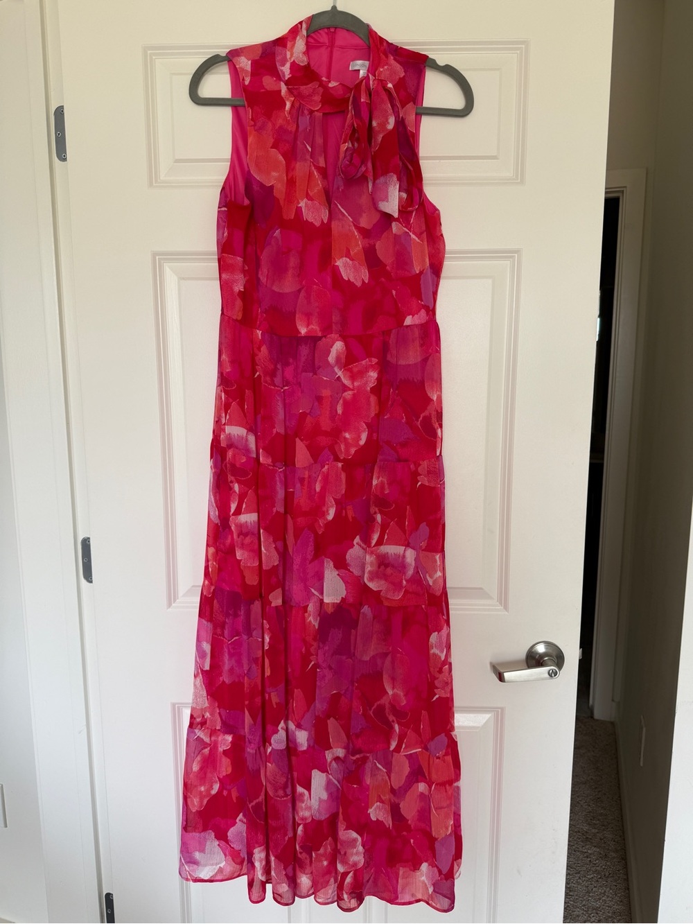 London Times Pink & Red Floral Tie-Neck Dress